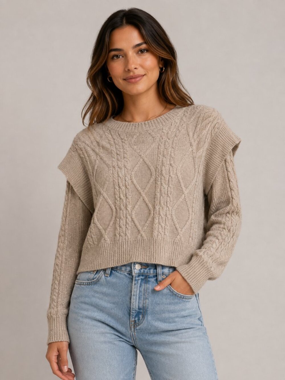 Sincerely Jules Size M Tan Cable Knit Cropped Layered Sleeve Sweater